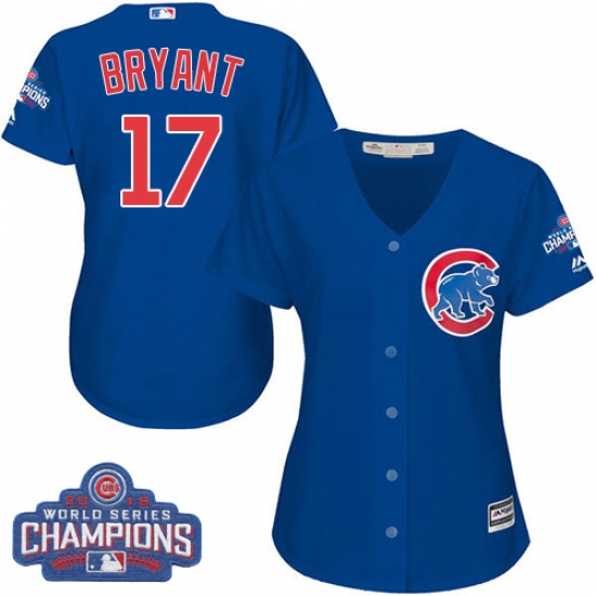 Women's Majestic Chicago Cubs 17 Kris Bryant Authentic Royal Blue Alternate 2016 World Series Champions Cool Base MLB Jersey