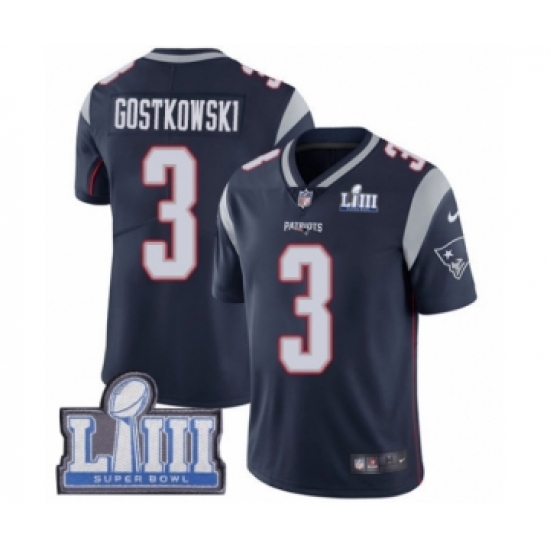 Youth Nike New England Patriots 3 Stephen Gostkowski Navy Blue Team Color Vapor Untouchable Limited Player Super Bowl LIII Bound NFL Jersey