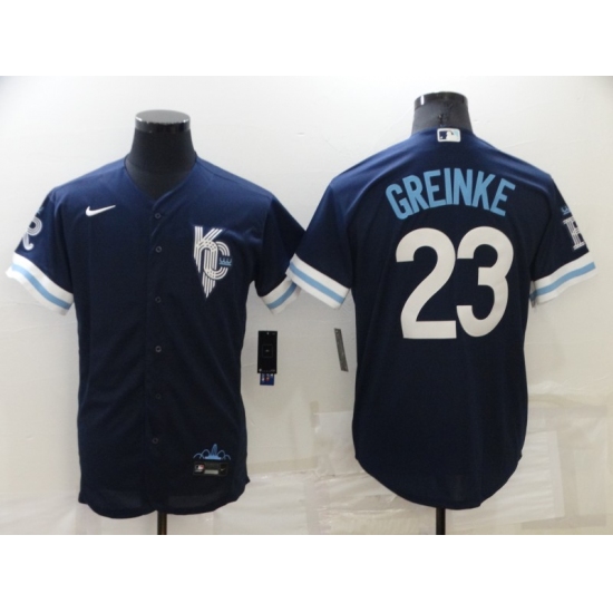 Men's Kansas City Royals 23 Zack Greinke 2022 Navy Blue City Connect Flex Base Stitched Jersey