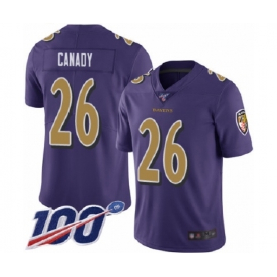 Men's Baltimore Ravens 26 Maurice Canady Limited Purple Rush Vapor Untouchable 100th Season Football Jersey
