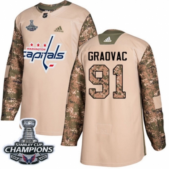 Youth Adidas Washington Capitals 91 Tyler Graovac Authentic Camo Veterans Day Practice 2018 Stanley Cup Final Champions NHL Jersey