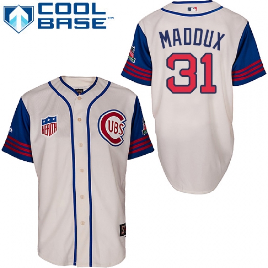 Men's Majestic Chicago Cubs 31 Greg Maddux Authentic Cream/Blue 1942 Turn Back The Clock MLB Jersey