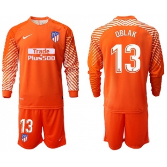 Atletico Madrid 13 Oblak Orange Goalkeeper Long Sleeves Soccer Club Jersey