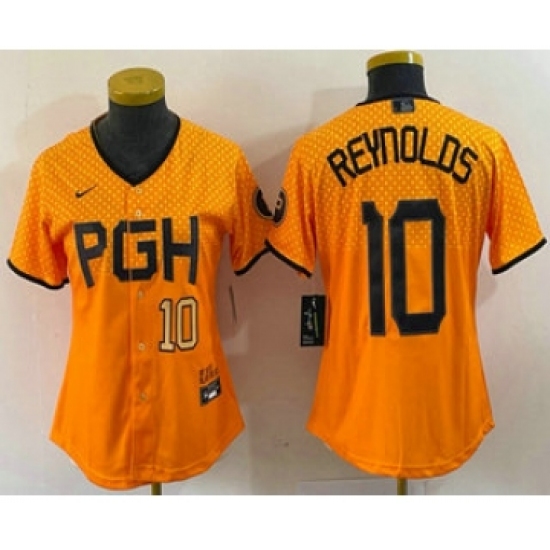 Women's Pittsburgh Pirates 10 Bryan Reynolds Number Yellowd 2023 City Connect Stitched Jersey2