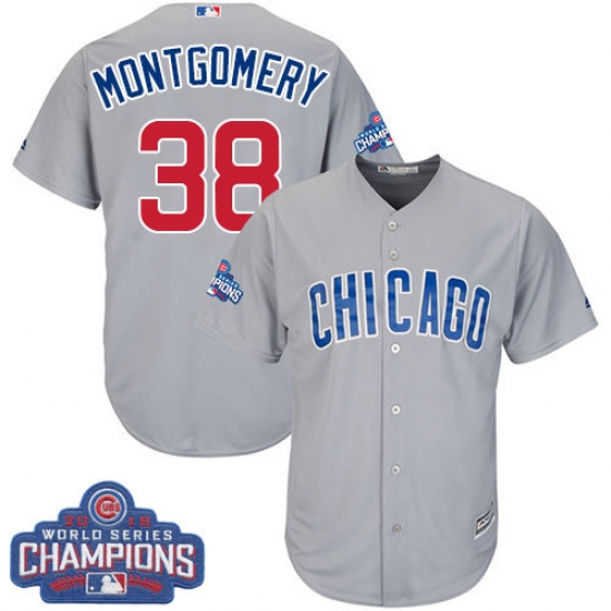 Youth Majestic Chicago Cubs 38 Mike Montgomery Authentic Grey Road 2016 World Series Champions Cool Base MLB Jersey