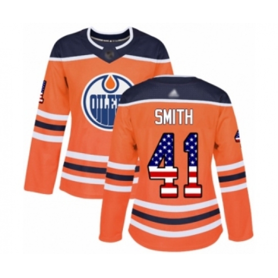 Women's Edmonton Oilers 41 Mike Smith Authentic Orange USA Flag Fashion Hockey Jersey