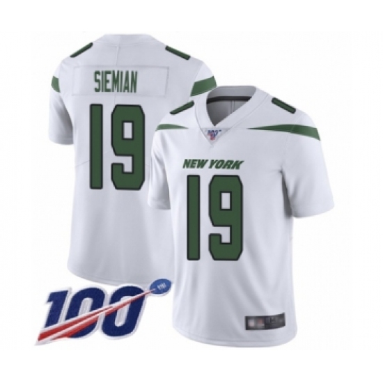 Men's New York Jets 19 Trevor Siemian White Vapor Untouchable Limited Player 100th Season Football Jersey