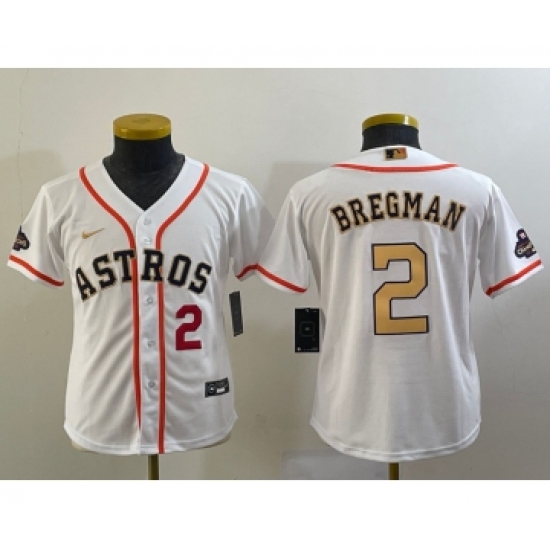 Youth Houston Astros 2 Alex Bregman Number 2023 White Gold World Serise Champions Cool Base Stitched Jersey