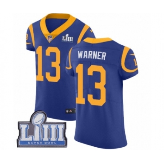 Men's Nike Los Angeles Rams 13 Kurt Warner Royal Blue Alternate Vapor Untouchable Elite Player Super Bowl LIII Bound NFL Jersey