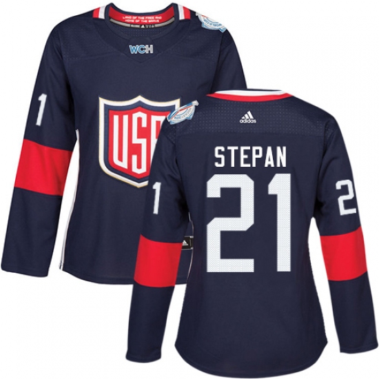 Women's Adidas Team USA 21 Derek Stepan Authentic Navy Blue Away 2016 World Cup Hockey Jersey