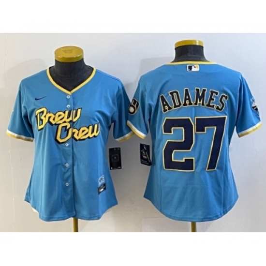 Women's Milwaukee Brewers 27 Willy Adames Blue 2022 City Connect Cool Base Stitched Jersey