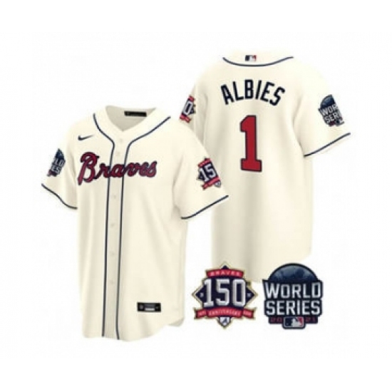 Men's Atlanta Braves 1 Ozzie Albies 2021 Cream World Series With 150th Anniversary Patch Cool Base Baseball Jersey