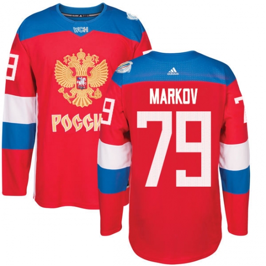 Men's Adidas Team Russia 79 Andrei Markov Premier Red Away 2016 World Cup of Hockey Jersey