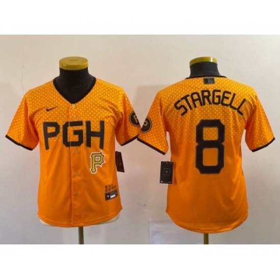 Youth Nike Pittsburgh Pirates 8 Willie Stargell Number Yellow 2023 City Connect Stitched Jersey5