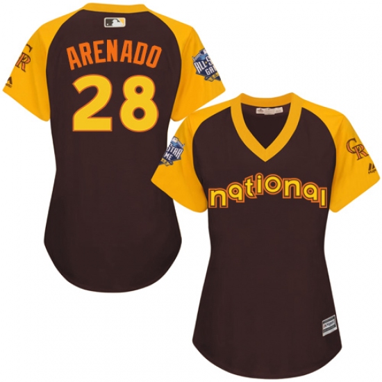 Women's Majestic Colorado Rockies 28 Nolan Arenado Authentic Brown 2016 All-Star National League BP Cool Base MLB Jersey