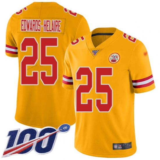 Men's Kansas City Chiefs 25 Clyde Edwards-Helaire Gold Stitched Limited Inverted Legend 100th Season Jersey