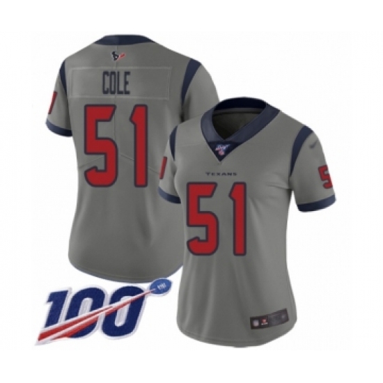 Women's Houston Texans 51 Dylan Cole Limited Gray Inverted Legend 100th Season Football Jersey