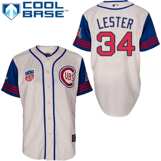 Men's Majestic Chicago Cubs 34 Jon Lester Authentic Cream/Blue 1942 Turn Back The Clock MLB Jersey