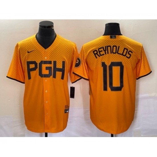 Men's Nike Pittsburgh Pirates 10 Bryan Reynolds Gold 2023 City Connect Stitched Jersey 1