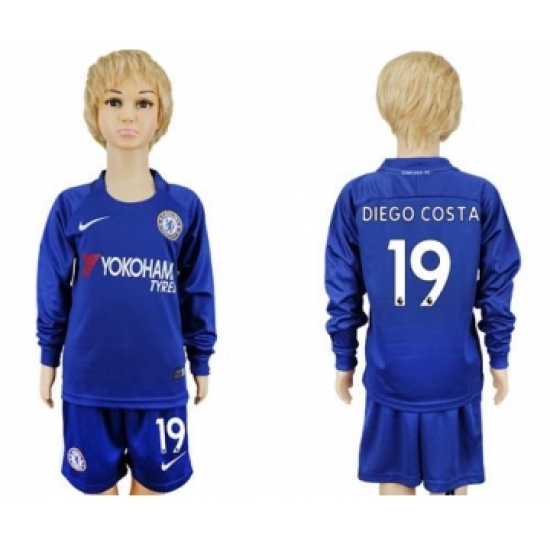 Chelsea 19 Diego Costa Home Long Sleeves Kid Soccer Club Jersey