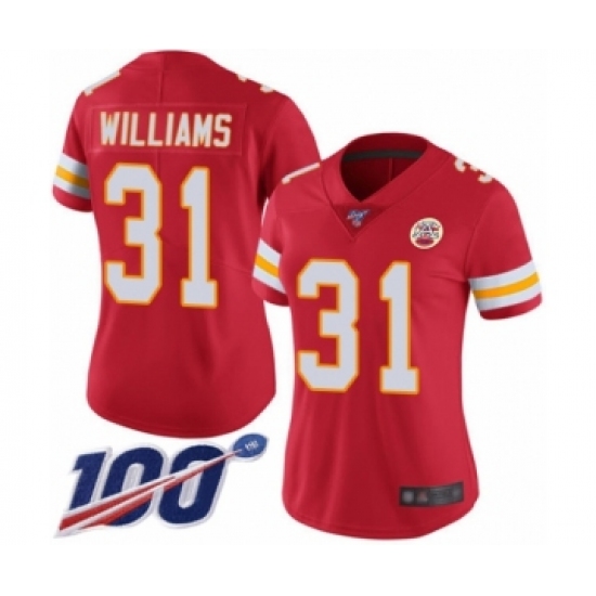 Women's Kansas City Chiefs 31 Darrel Williams Red Team Color Vapor Untouchable Limited Player 100th Season Football Jersey