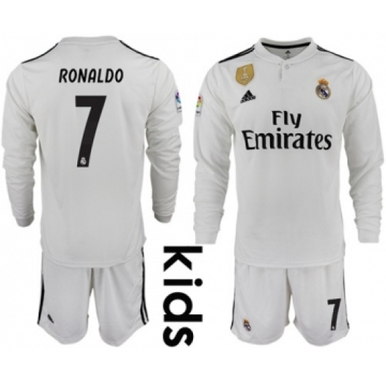 Real Madrid 7 Ronaldo Home Long Sleeves Kid Soccer Club Jersey