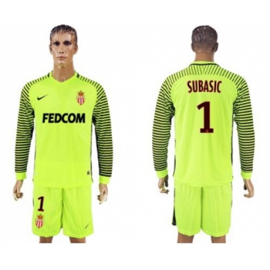 Monaco 1 Subasic Shiny Green Goalkeeper Long Sleeves Soccer Club Jersey