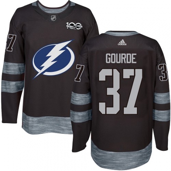 Men's Adidas Tampa Bay Lightning 37 Yanni Gourde Authentic Black 1917-2017 100th Anniversary NHL Jersey