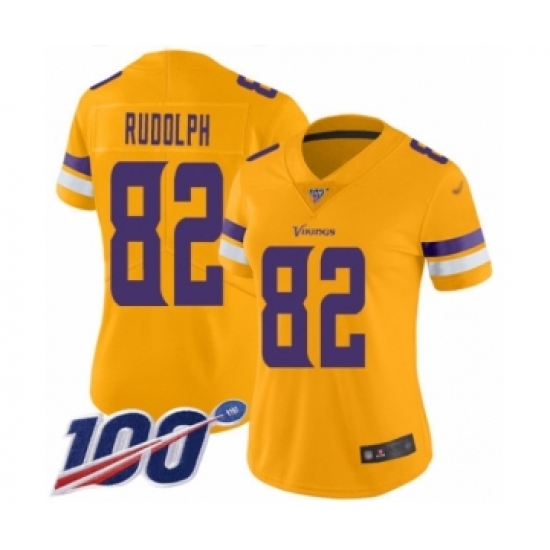 Women's Minnesota Vikings 82 Kyle Rudolph Limited Gold Inverted Legend 100th Season Football Jersey