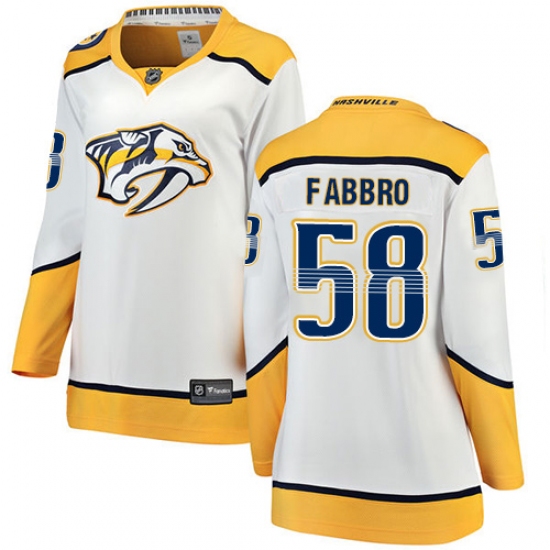 Women's Nashville Predators 58 Dante Fabbro Fanatics Branded White Away Breakaway NHL Jersey