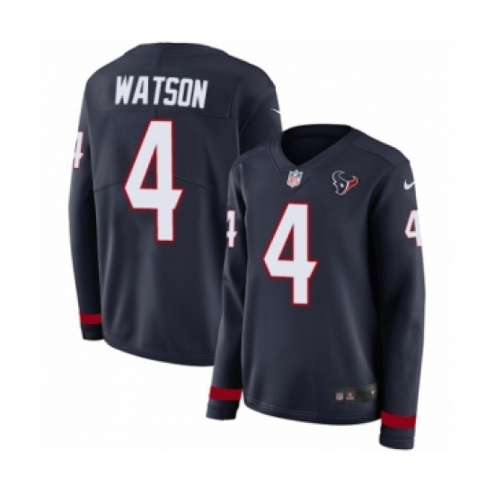 Women's Nike Houston Texans 4 Deshaun Watson Limited Navy Blue Therma Long Sleeve NFL Jersey