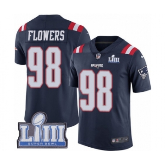 Men's Nike New England Patriots 98 Trey Flowers Limited Navy Blue Rush Vapor Untouchable Super Bowl LIII Bound NFL Jersey