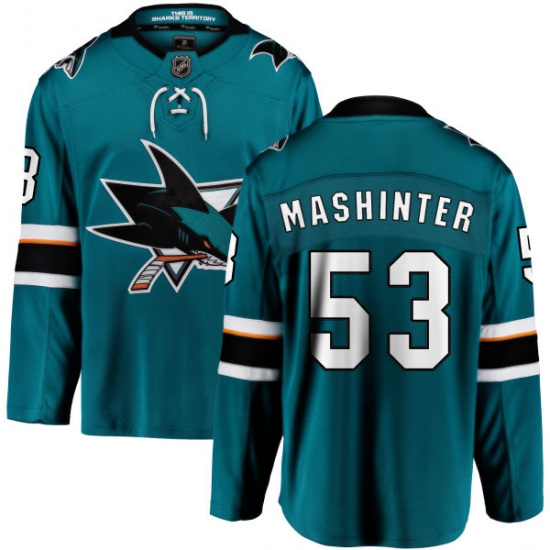 Youth San Jose Sharks 53 Brandon Mashinter Fanatics Branded Teal Green Home Breakaway NHL Jersey