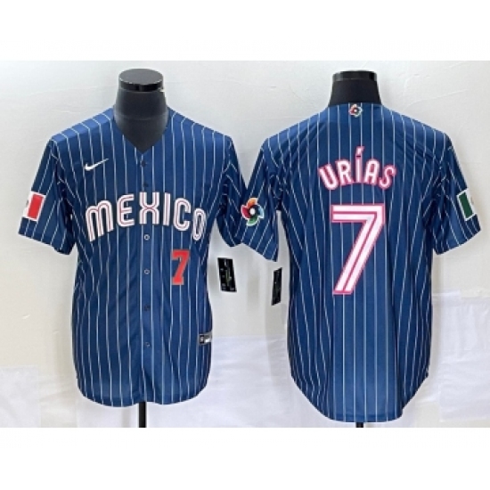 Men's Mexico Baseball 7 Julio Urias Number Navy Blue Pinstripe 2020 World Series Cool Base Nike Jersey3