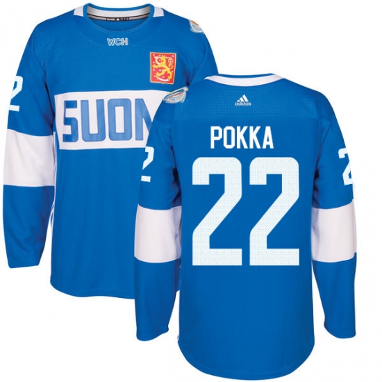 Men's Adidas Team Finland 22 Ville Pokka Premier Blue Away 2016 World Cup of Hockey Jersey