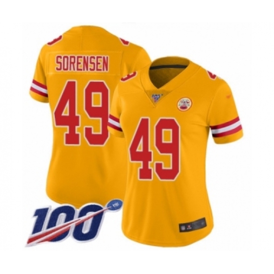 Women's Kansas City Chiefs 49 Daniel Sorensen Limited Gold Inverted Legend 100th Season Football Jersey