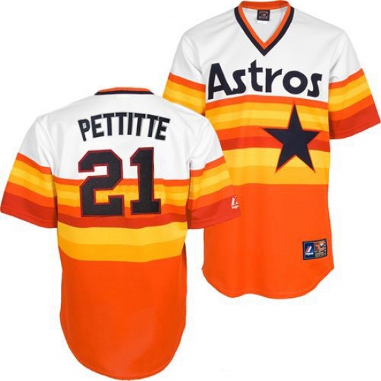 Men's Mitchell and Ness Houston Astros 21 Andy Pettitte Authentic White/Orange Throwback MLB Jersey