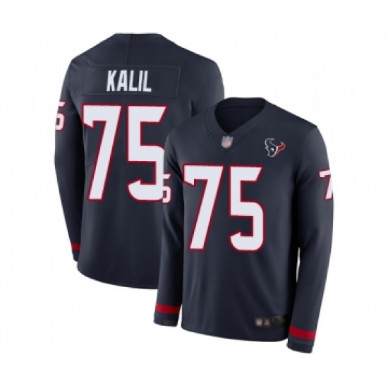 Youth Houston Texans 75 Matt Kalil Limited Navy Blue Therma Long Sleeve Football Jersey