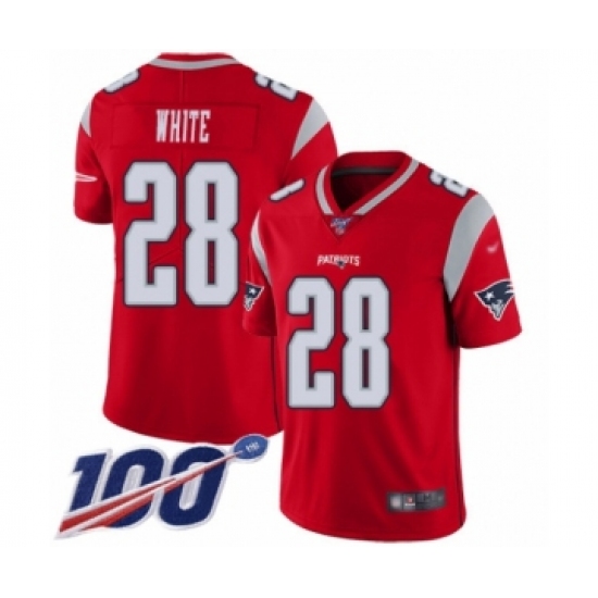 Youth New England Patriots 28 James White Limited Red Inverted Legend 100th Season Football Jersey