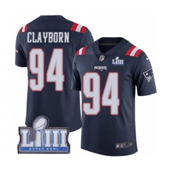 Men's Nike New England Patriots 94 Adrian Clayborn Limited Navy Blue Rush Vapor Untouchable Super Bowl LIII Bound NFL Jersey