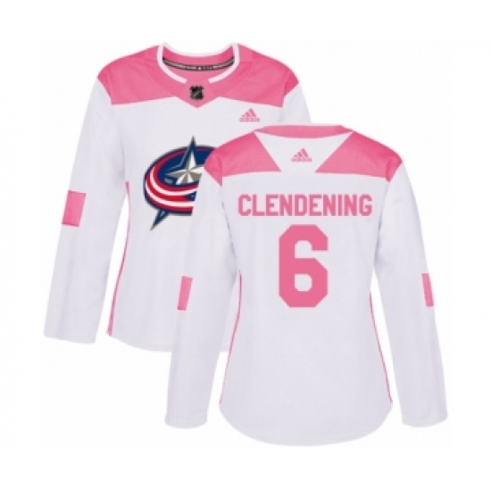 Women's Adidas Columbus Blue Jackets 6 Adam Clendening Authentic White Pink Fashion NHL Jersey