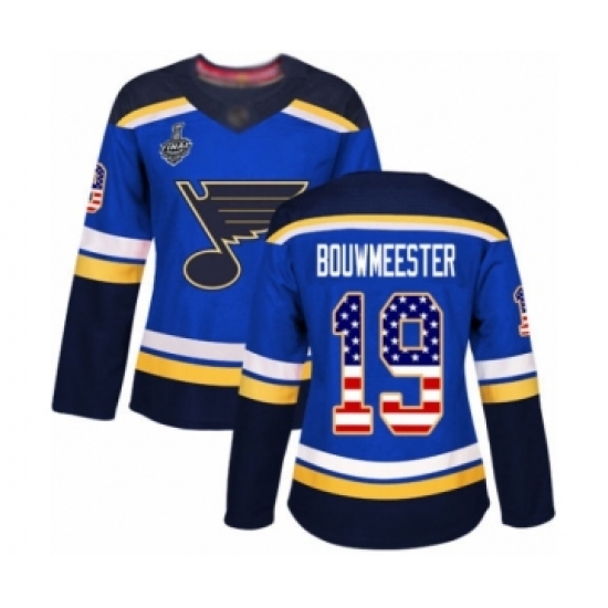 Women's St. Louis Blues 19 Jay Bouwmeester Authentic Blue USA Flag Fashion 2019 Stanley Cup Final Bound Hockey Jersey