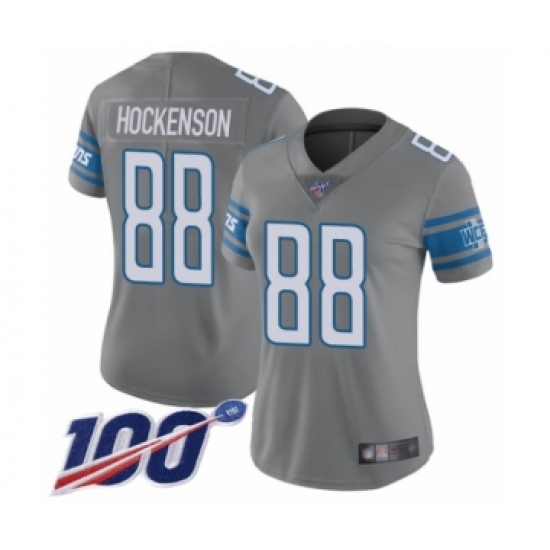 Women's Detroit Lions 88 T.J. Hockenson Limited Steel Rush Vapor Untouchable 100th Season Football Jersey