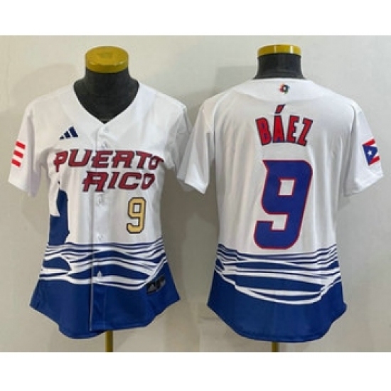 Women's Puerto Rico Baseball 9 Javier Baez Number White 2023 World Baseball Classic Stitched Jerseys