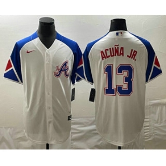 Men's Atlanta Braves 13 Ronald Acuna Jr White 2023 City Connect Cool Base Stitched Jersey