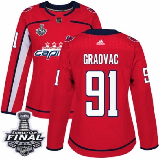 Women's Adidas Washington Capitals 91 Tyler Graovac Authentic Red Home 2018 Stanley Cup Final NHL Jersey