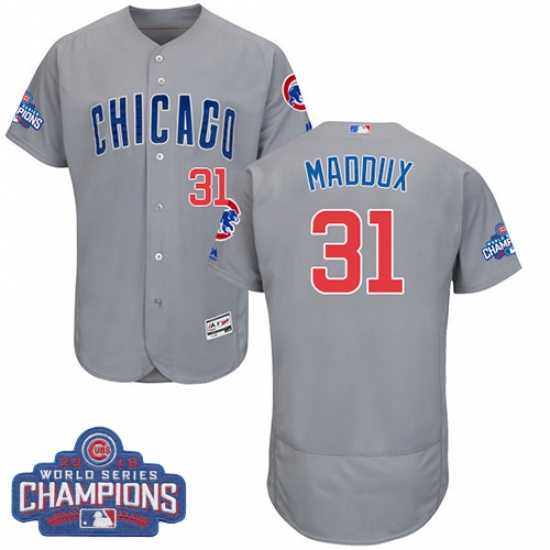 Men's Majestic Chicago Cubs 31 Greg Maddux Grey 2016 World Series Champions Flexbase Authentic Collection MLB Jersey