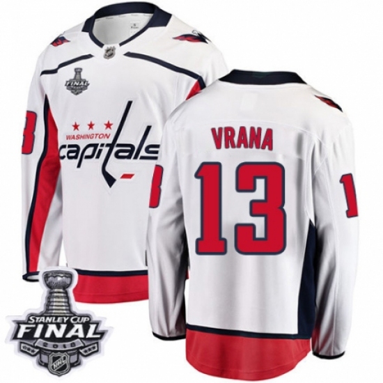 Men's Washington Capitals 13 Jakub Vrana Fanatics Branded White Away Breakaway 2018 Stanley Cup Final NHL Jersey