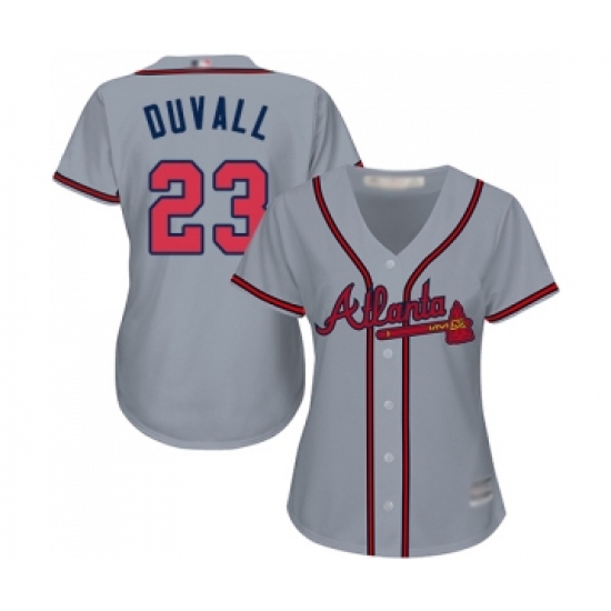 Women's Atlanta Braves 23 Adam Duvall Replica Grey Road Cool Base Baseball Jersey