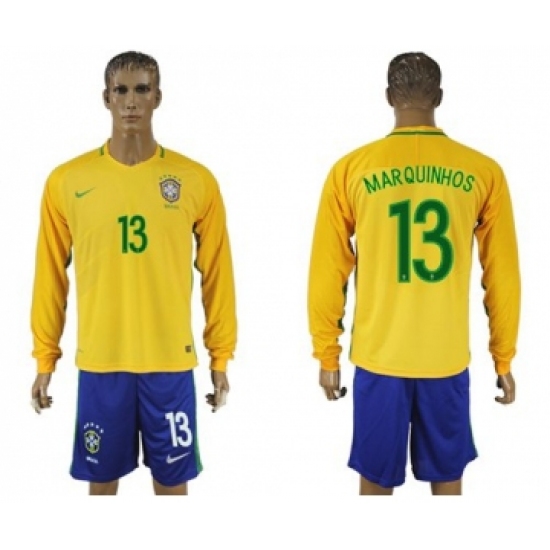 Brazil 13 Marquinhos Home Long Sleeves Soccer Country Jersey